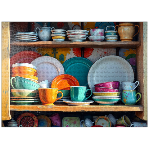 puzzleplate Colorful Ceramic Dishware Set in Rustic Kitchen Cabinet 1000 Jigsaw Puzzle