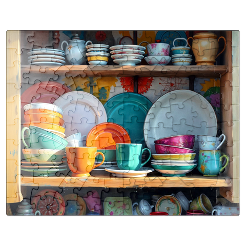 puzzleplate Colorful Ceramic Dishware Set in Rustic Kitchen Cabinet 100 Jigsaw Puzzle
