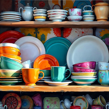 Colorful Ceramic Dishware Set in Rustic Kitchen Cabinet 100 Jigsaw Puzzle 3D Modell