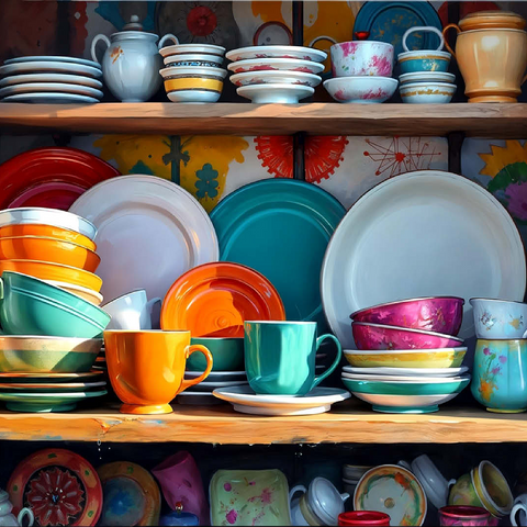 Colorful Ceramic Dishware Set in Rustic Kitchen Cabinet 100 Jigsaw Puzzle 3D Modell