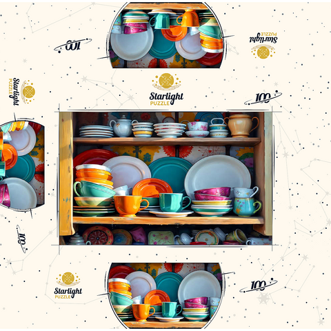Colorful Ceramic Dishware Set in Rustic Kitchen Cabinet 100 Jigsaw Puzzle box 3D Modell