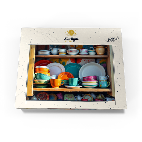 Colorful Ceramic Dishware Set in Rustic Kitchen Cabinet 500 Jigsaw Puzzle box view3