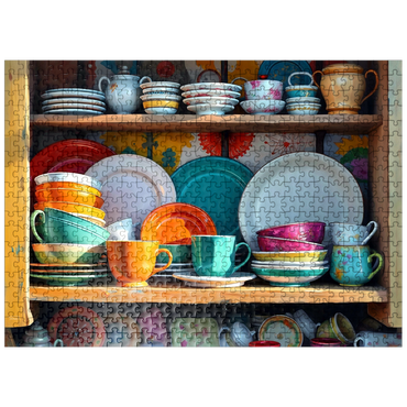 puzzleplate Colorful Ceramic Dishware Set in Rustic Kitchen Cabinet 500 Jigsaw Puzzle