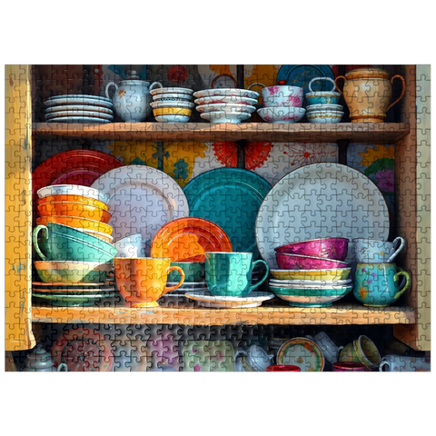 puzzleplate Colorful Ceramic Dishware Set in Rustic Kitchen Cabinet 500 Jigsaw Puzzle