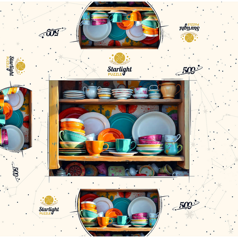 Colorful Ceramic Dishware Set in Rustic Kitchen Cabinet 500 Jigsaw Puzzle box 3D Modell