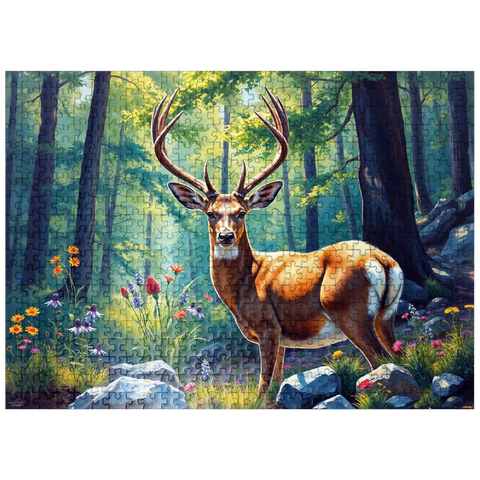 puzzleplate Majestic Deer in a Sunlit Forest with Wildflowers 500 Jigsaw Puzzle