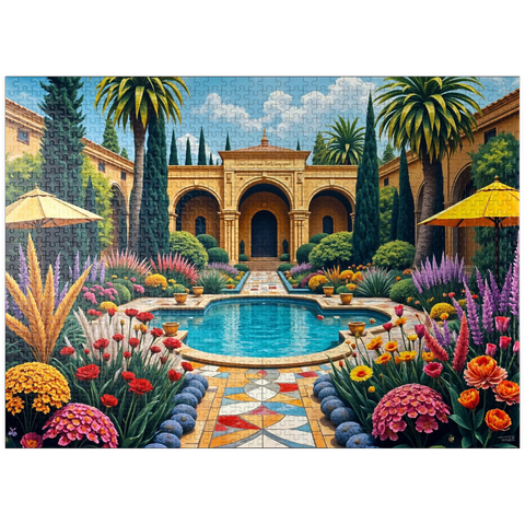 puzzleplate Mediterranean Courtyard Garden with Pool and Colorful Flowers 1000 Jigsaw Puzzle