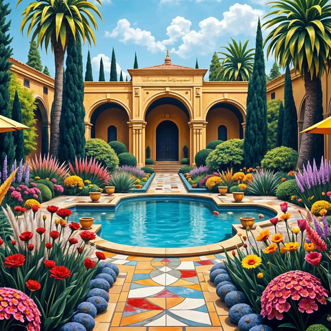 Mediterranean Courtyard Garden with Pool and Colorful Flowers 1000 Jigsaw Puzzle 3D Modell