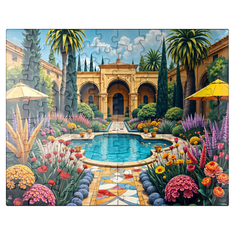 puzzleplate Mediterranean Courtyard Garden with Pool and Colorful Flowers 100 Jigsaw Puzzle