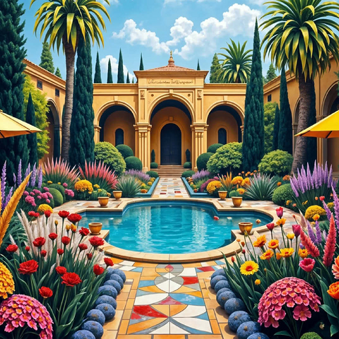 Mediterranean Courtyard Garden with Pool and Colorful Flowers 100 Jigsaw Puzzle 3D Modell
