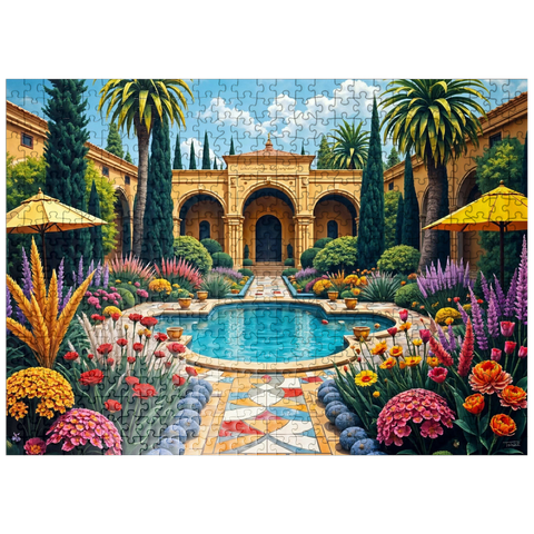 puzzleplate Mediterranean Courtyard Garden with Pool and Colorful Flowers 500 Jigsaw Puzzle