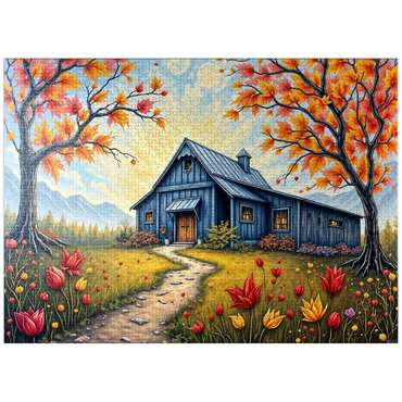puzzleplate Charming Blue Barn in an Autumn Landscape with Colorful Foliage 1000 Jigsaw Puzzle