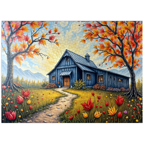 puzzleplate Charming Blue Barn in an Autumn Landscape with Colorful Foliage 1000 Jigsaw Puzzle