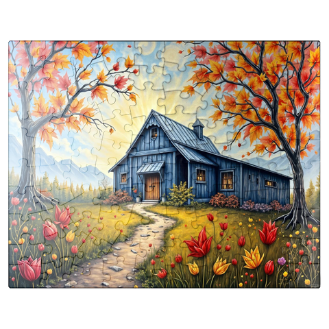 puzzleplate Charming Blue Barn in an Autumn Landscape with Colorful Foliage 100 Jigsaw Puzzle