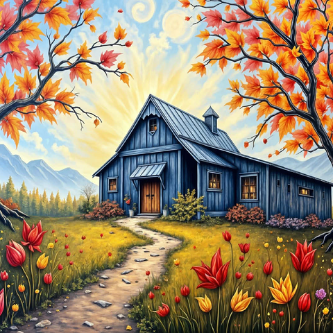 Charming Blue Barn in an Autumn Landscape with Colorful Foliage 100 Jigsaw Puzzle 3D Modell