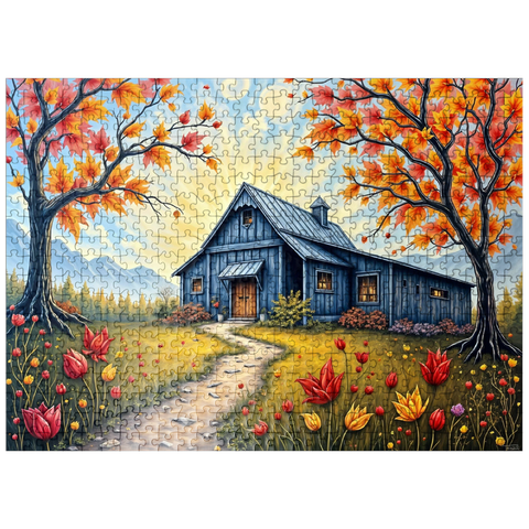 puzzleplate Charming Blue Barn in an Autumn Landscape with Colorful Foliage 500 Jigsaw Puzzle