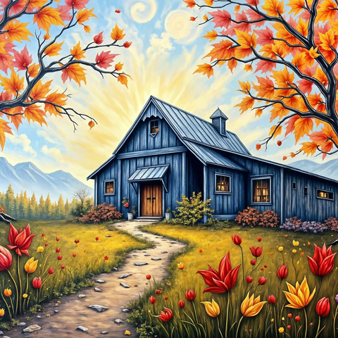Charming Blue Barn in an Autumn Landscape with Colorful Foliage 500 Jigsaw Puzzle 3D Modell