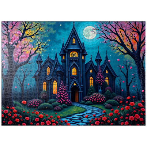 puzzleplate Enchanting Gothic Mansion Under a Full Moon with Blooming Garden 1000 Jigsaw Puzzle