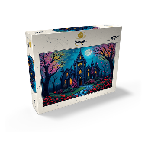 Enchanting Gothic Mansion Under a Full Moon with Blooming Garden 100 Jigsaw Puzzle box view2