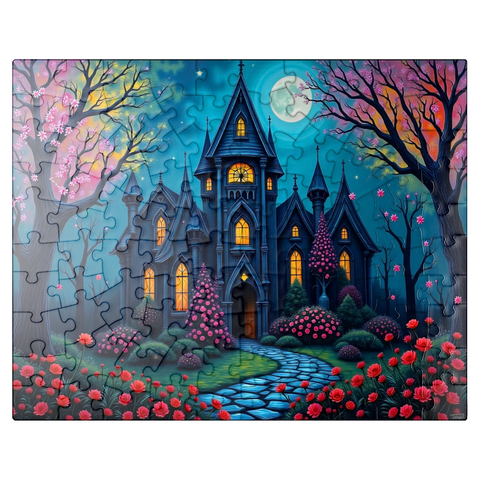 puzzleplate Enchanting Gothic Mansion Under a Full Moon with Blooming Garden 100 Jigsaw Puzzle