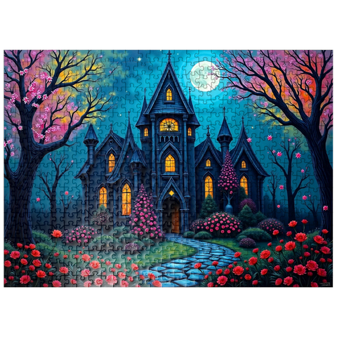 puzzleplate Enchanting Gothic Mansion Under a Full Moon with Blooming Garden 500 Jigsaw Puzzle