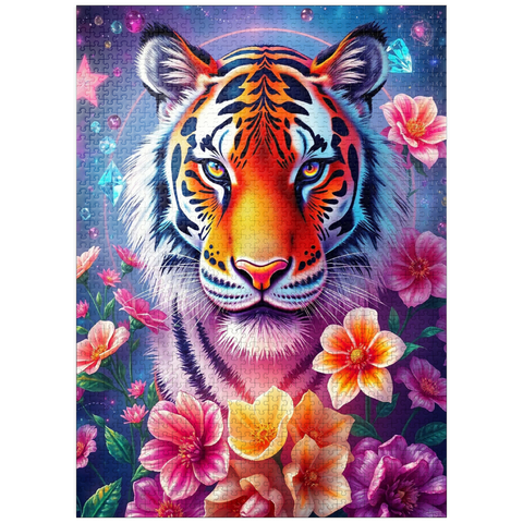 puzzleplate Vibrant Cosmic Tiger with Flowers and Gemstones 1000 Jigsaw Puzzle