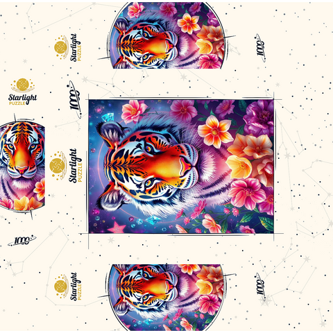 Vibrant Cosmic Tiger with Flowers and Gemstones 1000 Jigsaw Puzzle box 3D Modell