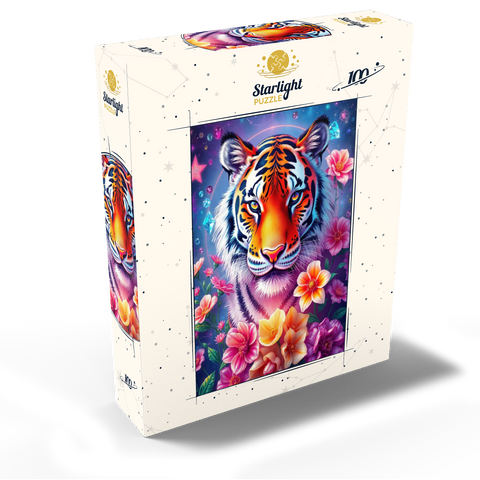 Vibrant Cosmic Tiger with Flowers and Gemstones 100 Jigsaw Puzzle box view2