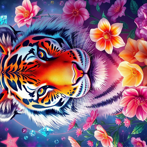 Vibrant Cosmic Tiger with Flowers and Gemstones 100 Jigsaw Puzzle 3D Modell