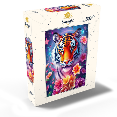 Vibrant Cosmic Tiger with Flowers and Gemstones 500 Jigsaw Puzzle box view2