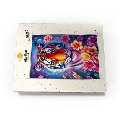 Vibrant Cosmic Tiger with Flowers and Gemstones 500 Jigsaw Puzzle box view3