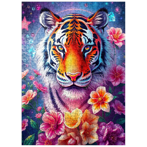 puzzleplate Vibrant Cosmic Tiger with Flowers and Gemstones 500 Jigsaw Puzzle