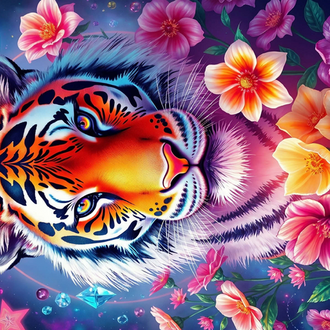 Vibrant Cosmic Tiger with Flowers and Gemstones 500 Jigsaw Puzzle 3D Modell