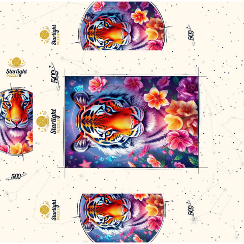 Vibrant Cosmic Tiger with Flowers and Gemstones 500 Jigsaw Puzzle box 3D Modell