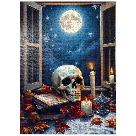 puzzleplate Mystical Still Life with Skull, Candles, and Full Moon 500 Jigsaw Puzzle