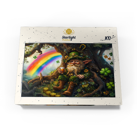 Cheerful Leprechaun with Gold Coins and Rainbow in Enchanted Forest 100 Jigsaw Puzzle box view3