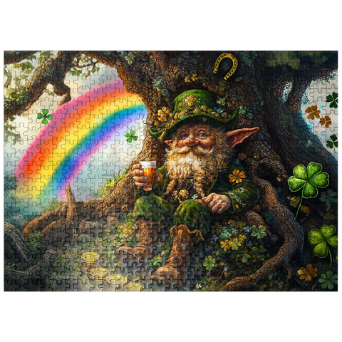 puzzleplate Cheerful Leprechaun with Gold Coins and Rainbow in Enchanted Forest 500 Jigsaw Puzzle