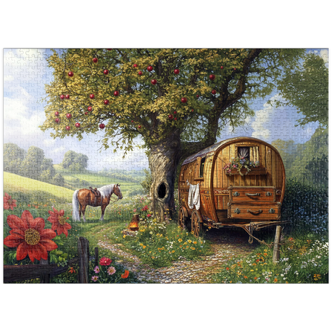 puzzleplate Charming Gypsy Caravan with Horse Under an Apple Tree in Blooming Countryside 1000 Jigsaw Puzzle