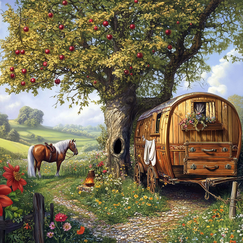 Charming Gypsy Caravan with Horse Under an Apple Tree in Blooming Countryside 1000 Jigsaw Puzzle 3D Modell