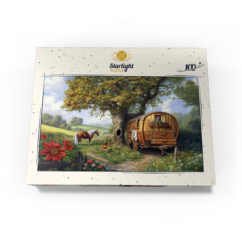 Charming Gypsy Caravan with Horse Under an Apple Tree in Blooming Countryside 100 Jigsaw Puzzle box view3