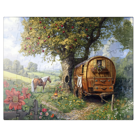 puzzleplate Charming Gypsy Caravan with Horse Under an Apple Tree in Blooming Countryside 100 Jigsaw Puzzle
