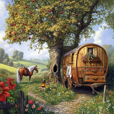 Charming Gypsy Caravan with Horse Under an Apple Tree in Blooming Countryside 100 Jigsaw Puzzle 3D Modell
