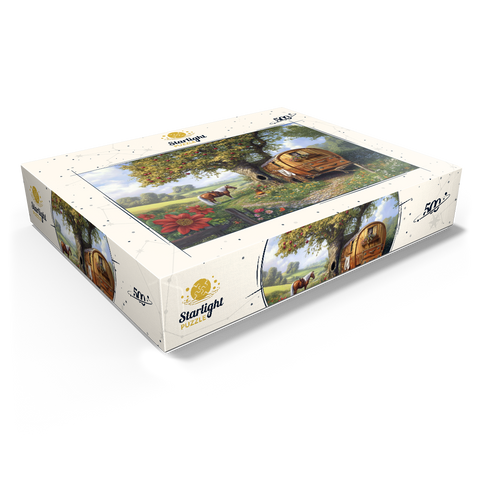 Charming Gypsy Caravan with Horse Under an Apple Tree in Blooming Countryside 500 Jigsaw Puzzle box view1