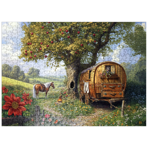 puzzleplate Charming Gypsy Caravan with Horse Under an Apple Tree in Blooming Countryside 500 Jigsaw Puzzle
