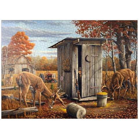 puzzleplate Autumn Deer Surprise at Hunting Cabin 1000 Jigsaw Puzzle
