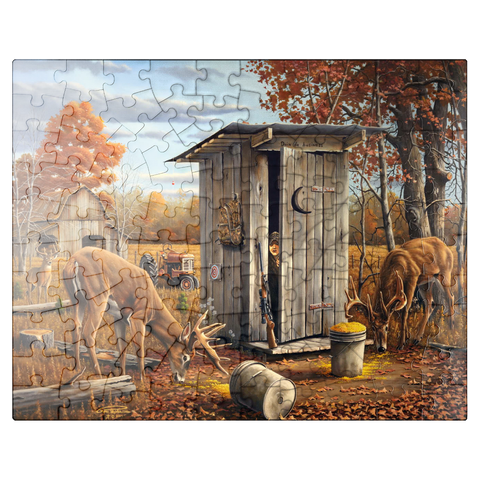 puzzleplate Autumn Deer Surprise at Hunting Cabin 100 Jigsaw Puzzle