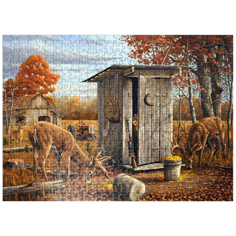 puzzleplate Autumn Deer Surprise at Hunting Cabin 500 Jigsaw Puzzle