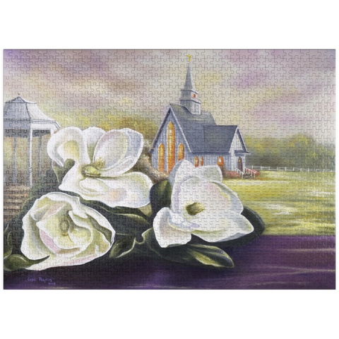 puzzleplate Southern Magnolia Blooms and Country Chapel 1000 Jigsaw Puzzle