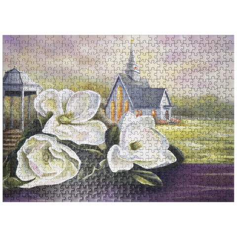 puzzleplate Southern Magnolia Blooms and Country Chapel 500 Jigsaw Puzzle