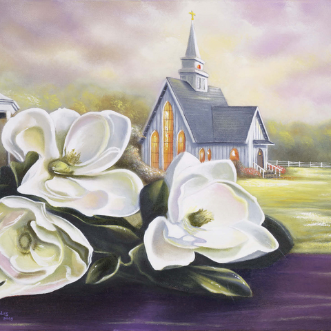 Southern Magnolia Blooms and Country Chapel 500 Jigsaw Puzzle 3D Modell